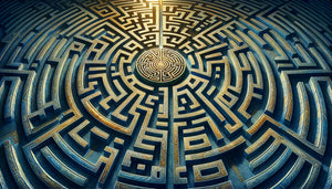 Peinture détaillée d'un labyrinthe complexe aux tons bleus et dorés symbolisant la réflexion stratégique et résolution de problèmes