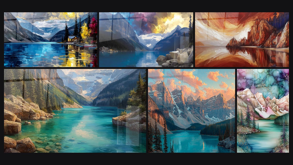 Mosaïque de six tableaux, dont Lac de montagne automne, Lac de montagne turquoise et Lac de montagne
