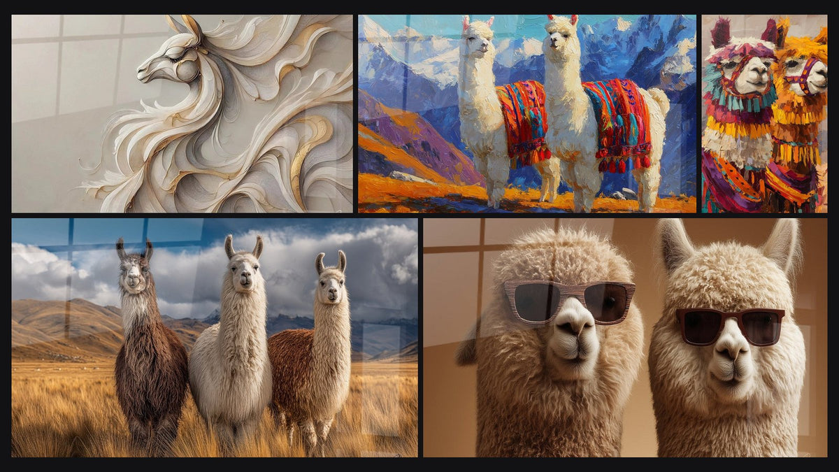 Mosaïque de cinq tableaux, dont Mouvement Divin et Duo blanc et rouge aux montagnes bleutées