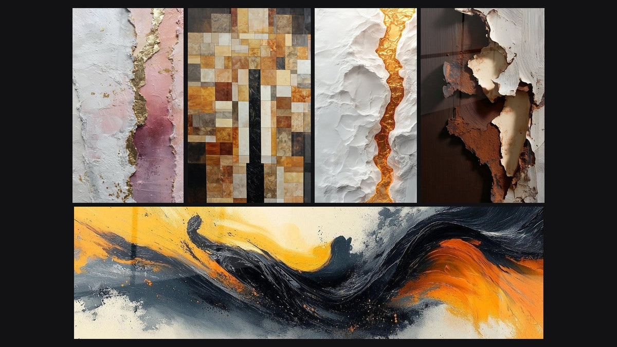 Mosaïque de cinq tableaux, dont Abstrait rose blanc or avec texture dorée et Faille dorée serpentine sur relief blanc