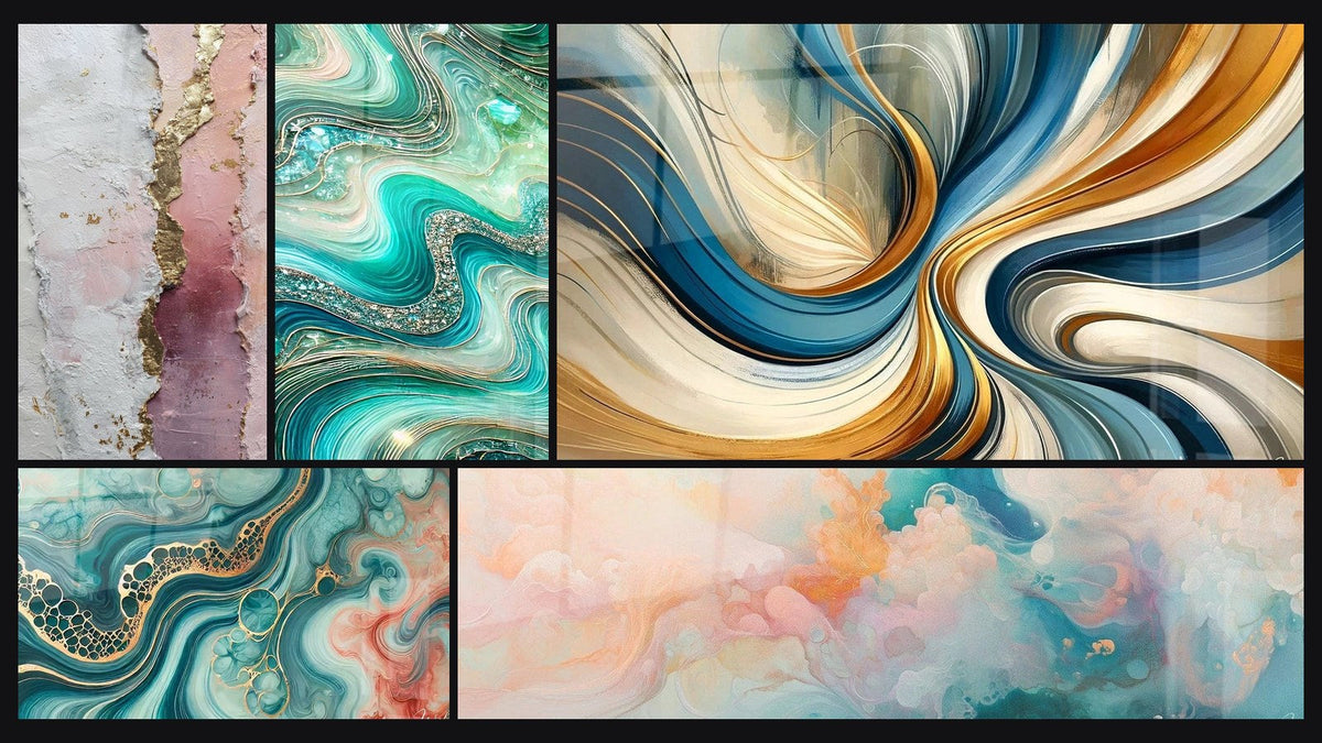 Mosaïque de cinq tableaux, dont Abstrait rose blanc or avec texture dorée, Vagues Cristallines et Spirales Élégantes