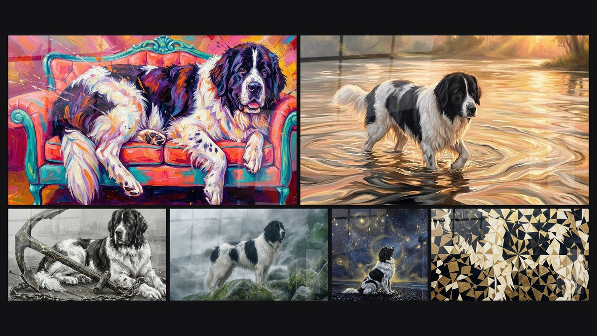 Mosaïque de six tableaux, dont Landseer dans l'Eau aux Reflets Dorés