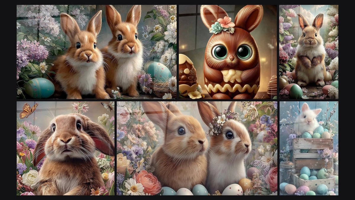 Mosaïque de six tableaux, dont Lapins Chasse aux Œufs, Lapin Chocolat aux Yeux Brillants et Lapin Douceur Printanière