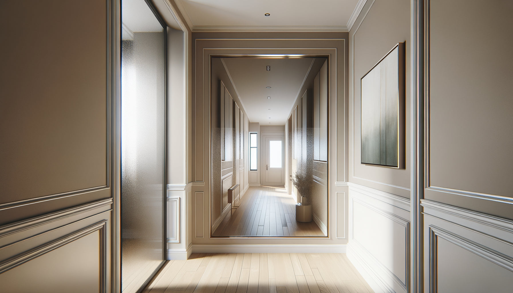 Couloir moderne avec tableau lavable protégé, surface résistante aux salissures dans un intérieur contemporain pratique