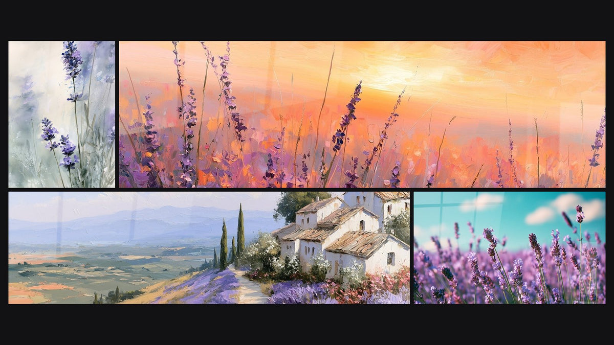 Mosaïque de quatre tableaux, dont Brins de lavande mauve et vert tendre et Hameau provençal aux teintes mauve et ocre