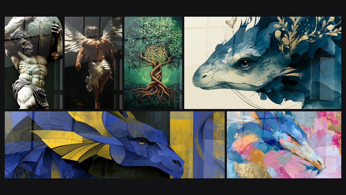 Mosaic of six paintings, including Atlas Wall Art No. 1 and Icarus No. 1