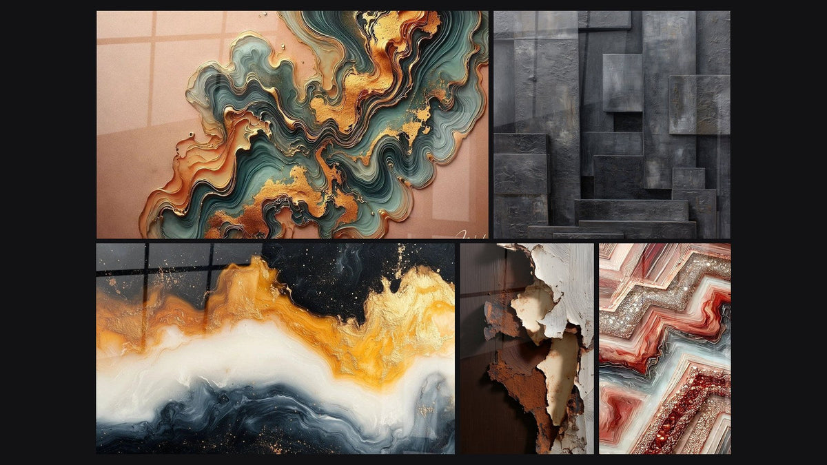 Mosaïque de cinq tableaux, dont Onde Cuivré, Marée Éternelle Dorée et Abstrait écorces et fissures blanches ocre