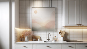 Tableau léger contemporain accroché sur carrelage blanc de cuisine moderne avec fixation discrète