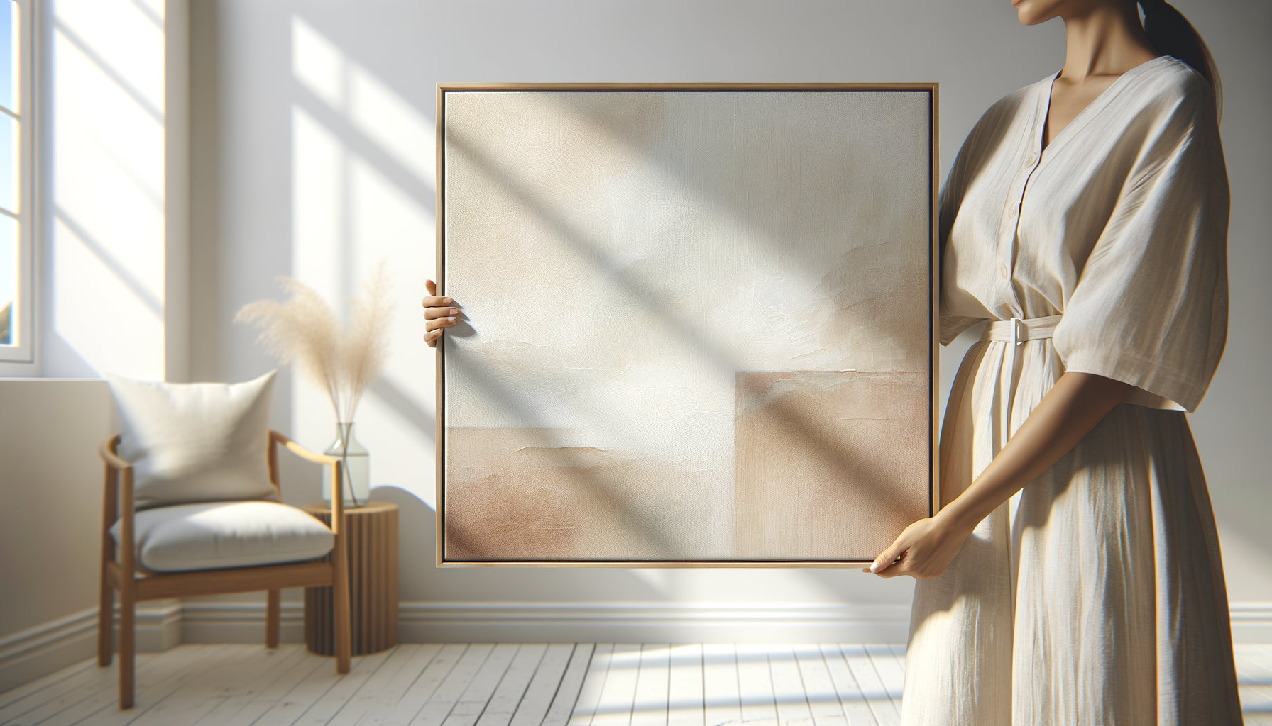 Tableau léger sur toile tenu à la main dans un intérieur contemporain lumineux, démontrant sa légèreté et facilité de manipulation