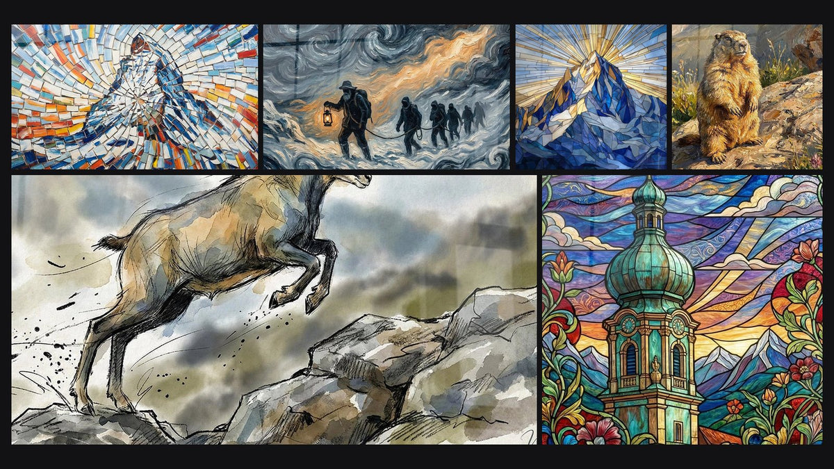 Mosaïque de six tableaux, dont Randonneur Mosaïque, Chamois des Alpes et Église Alpine Art Nouveau