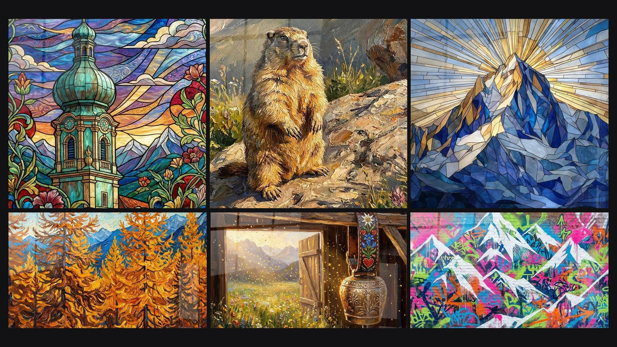 Mosaïque de six tableaux, dont Église Alpine Art Nouveau, Marmotte des Alpes et Mélèzes d'Automne