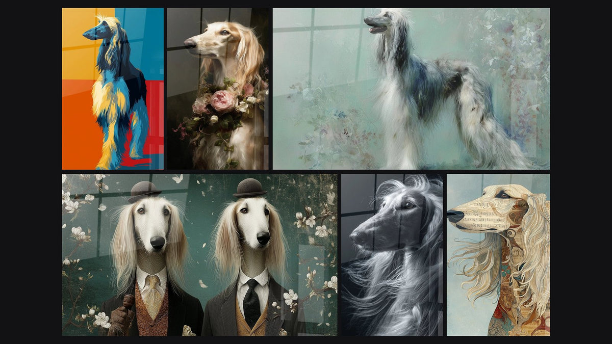 Mosaic of six paintings, including Afghan Hound Geometric Colorful