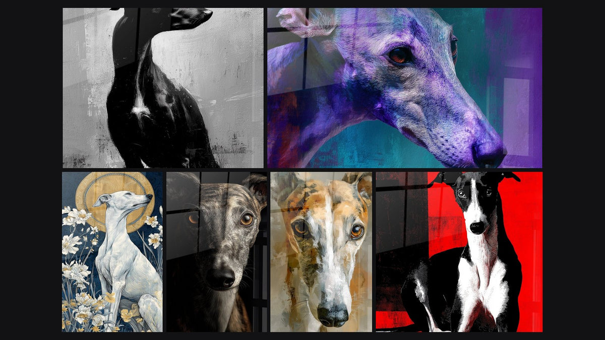 Mosaïque de six tableaux, dont Portrait de Lévrier aux Yeux Ambrés et Portrait de Lévrier aux Yeux Dorés