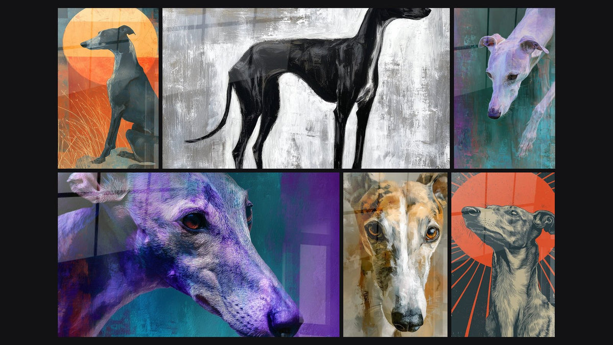 Mosaïque de six tableaux, dont Lévrier Noir sur Fond de Soleil Couchant et Lévrier Noir Élégant sur Fond Gris Texturé