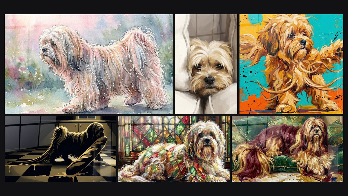Mosaïque de six tableaux, dont Lhassa Apso Endormi dans des Draps Blancs