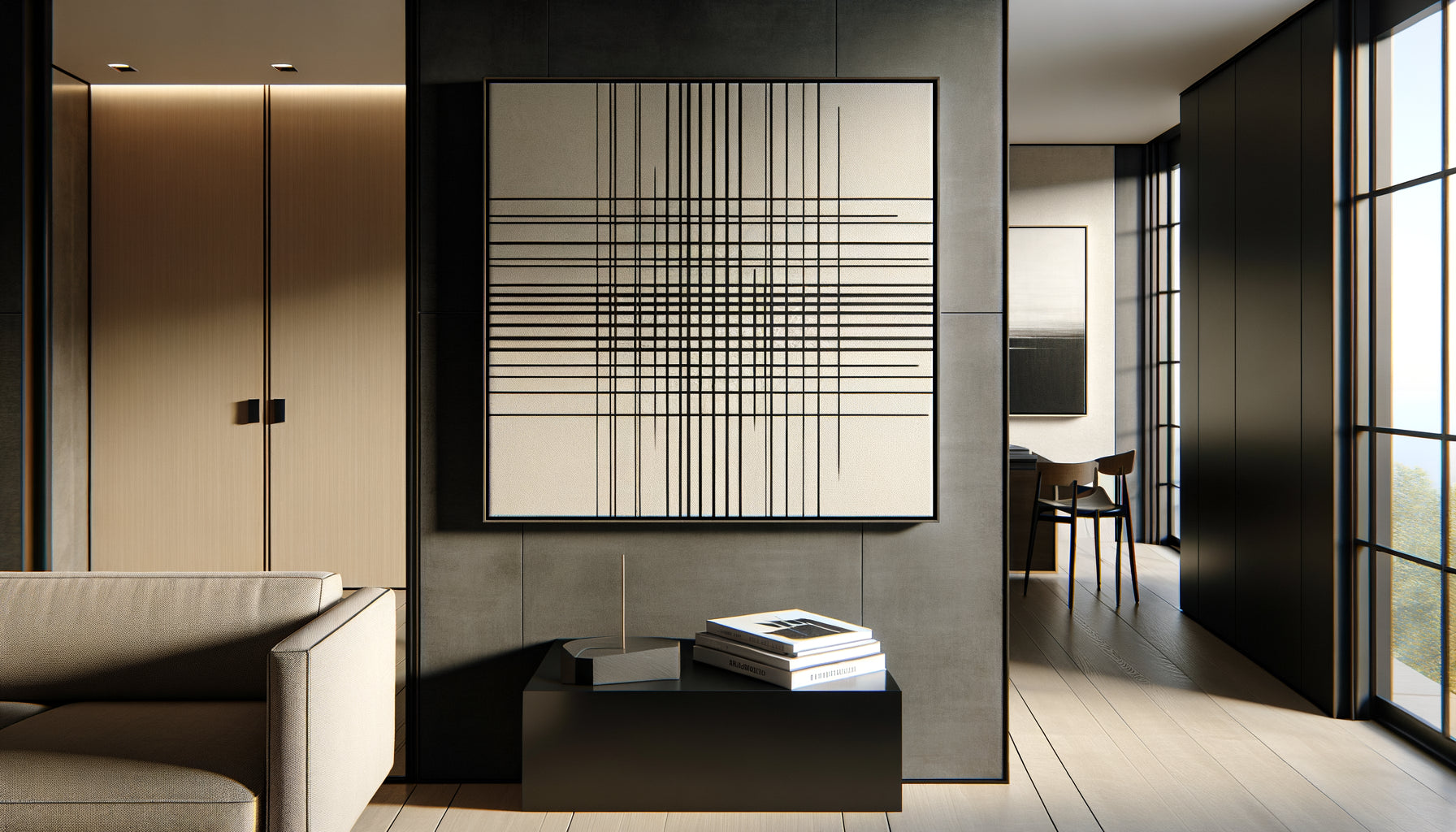 Tableau minimaliste contemporain à lignes noires entrecroisées sur fond blanc dans intérieur Airbnb haut de gamme épuré