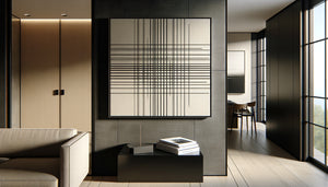 Tableau minimaliste contemporain à lignes noires entrecroisées sur fond blanc dans intérieur Airbnb haut de gamme épuré