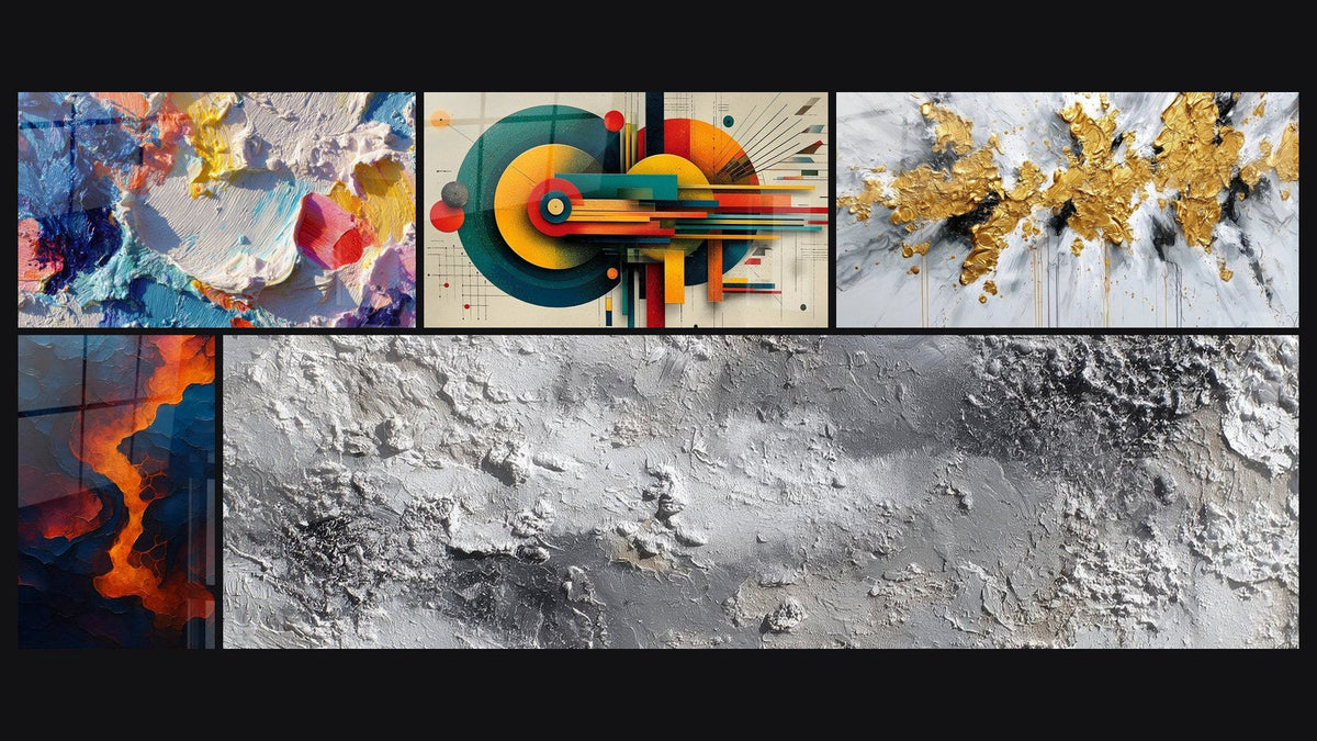 Mosaïque de cinq tableaux, dont Peinture abstraite, Géométrique Énergie Concentrique et Sang de la terre