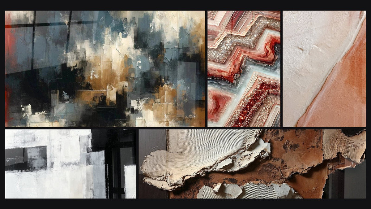 Mosaïque de cinq tableaux, dont Chaos Organisé, Fusion Géométrique et Diagonale texturée blanc cassé et brique
