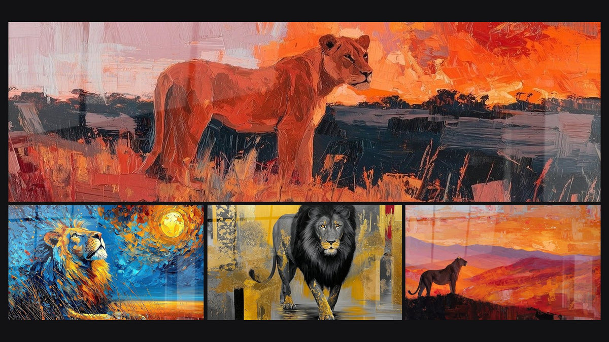 Mosaic of four paintings, including Majestic Lioness at Sunset in the Savanna