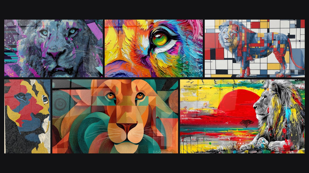 Mosaïque de six tableaux, dont Lion aux Nuances Pourpres et Turquoise et Lion Portrait Multicolore Abstrait