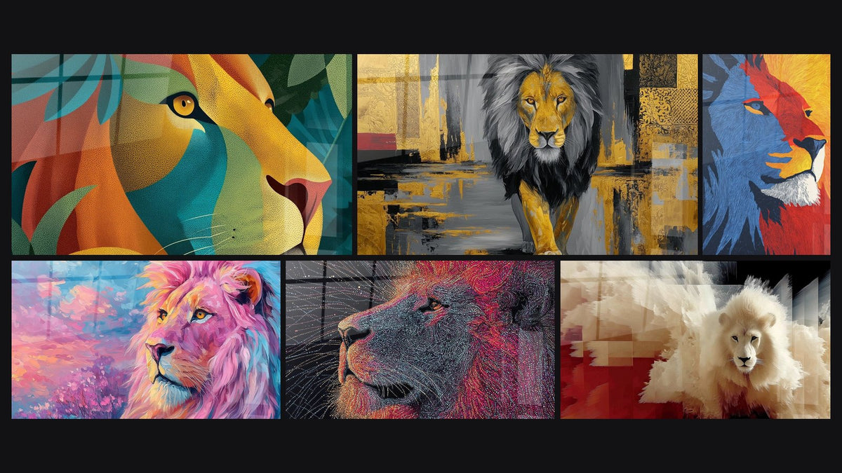 Mosaïque de six tableaux, dont Lion Majestueux Mosaïque Multicolore