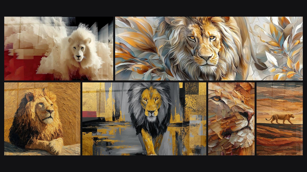 Mosaic of six paintings, including Majestic Lion with Golden and Ochre Tones