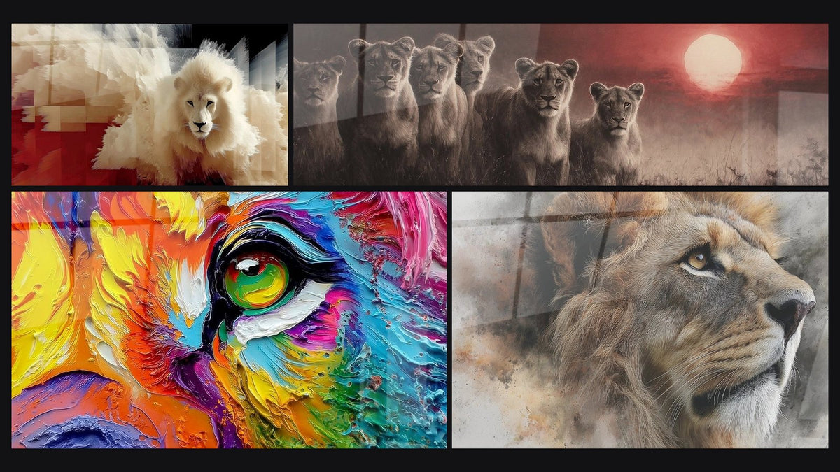 Mosaïque de quatre tableaux, dont Lion Portrait Multicolore Abstrait