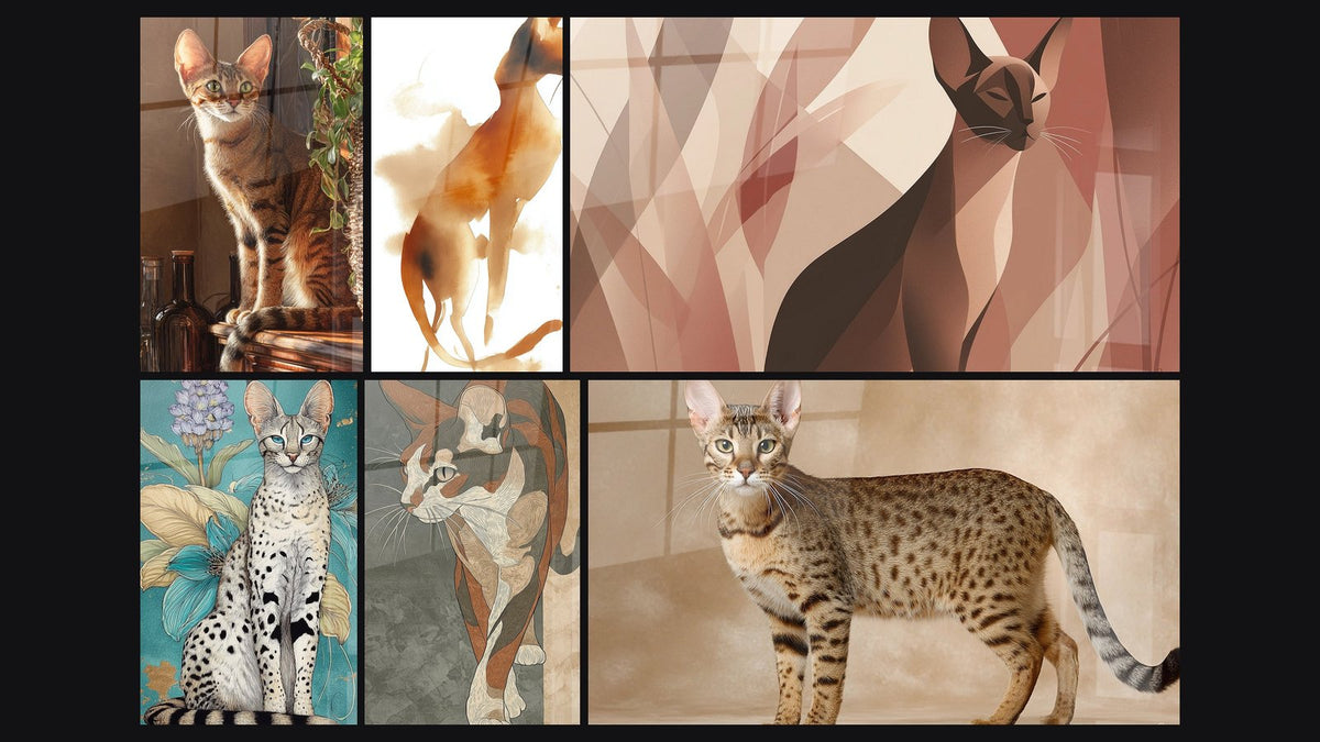 Mosaïque de six tableaux, dont Chat Serengeti Assis Cuisine, Chat Serengeti aux Fleurs Tropicales et Chat Serengeti Aquarelle