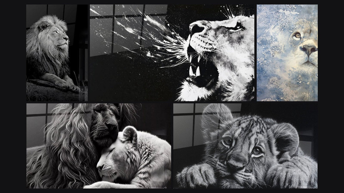 Mosaïque de cinq tableaux, dont Lion Majestueux en Noir et Blanc et Étreinte Noire et Blanche