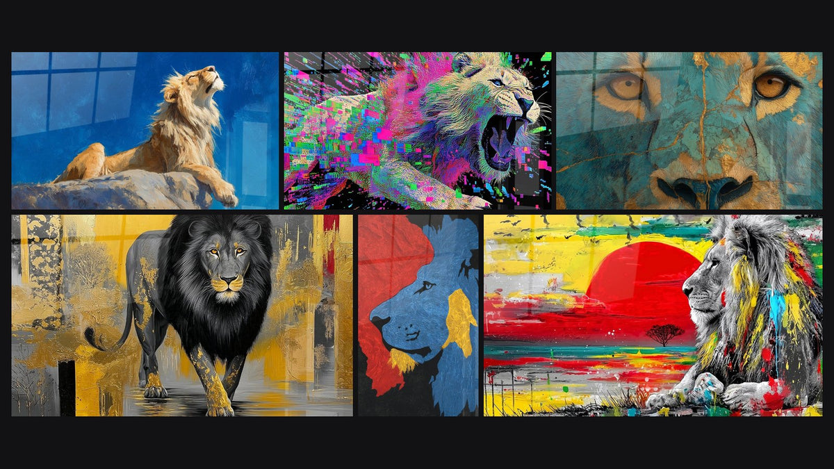 Mosaico de seis cuadros, entre ellos León en Tonos Turquesa y Dorados y León Azul y Rojo Sobre Fondo Negro