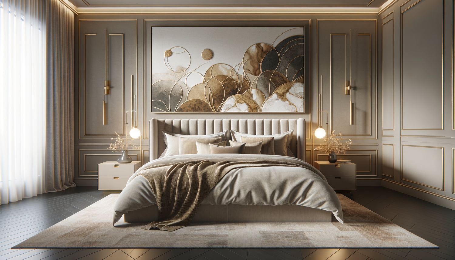 Chambre de luxe contemporaine avec lit king-size et tableau mural parfaitement proportionné selon la règle des deux tiers