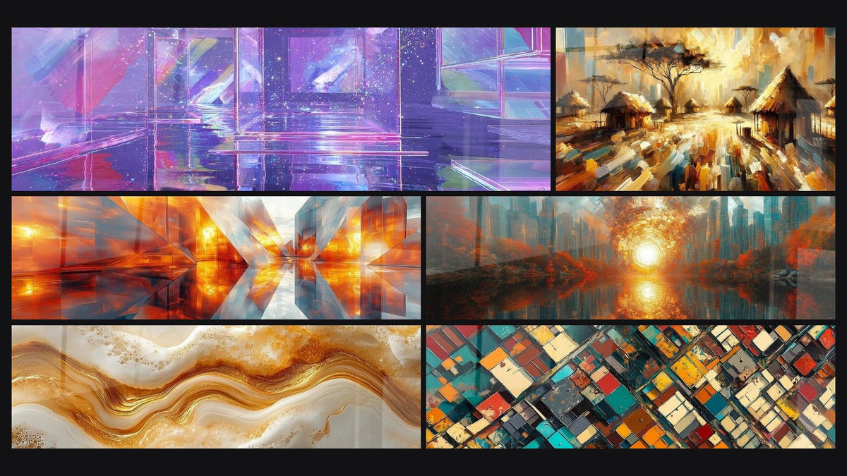 Mosaïque de six tableaux, dont Architecture Holographique, Convergence Lumineuse Ambre et Éclat Architectural Doré