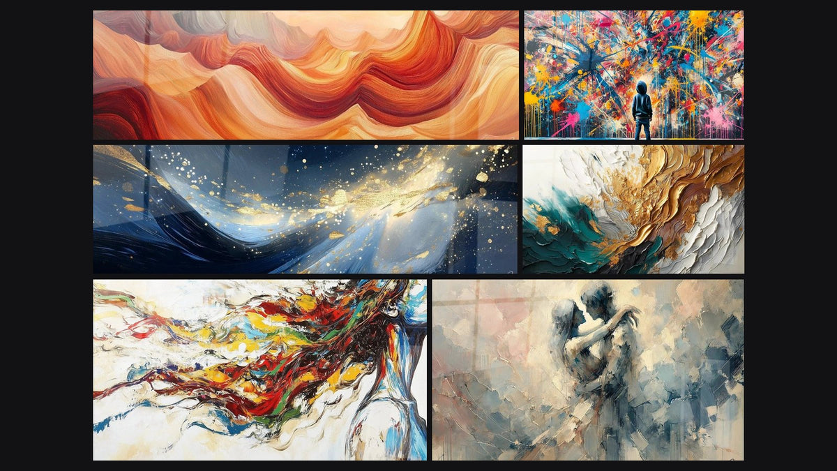 Mosaico de seis cuadros, entre ellos Corrientes Cálidas Naranja, Aliento Divino Dorado y Musa Moderna