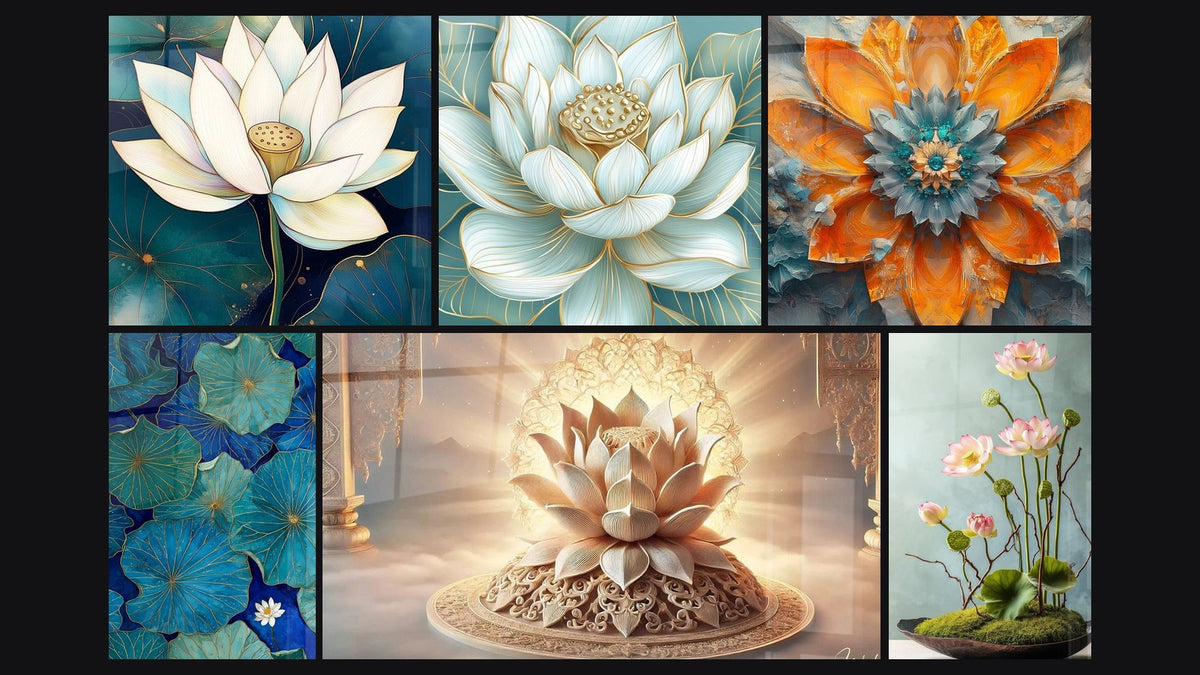 Mosaïque de six tableaux, dont Lotus grâce pure, Lotus Sacré et Lotus Paix intérieure