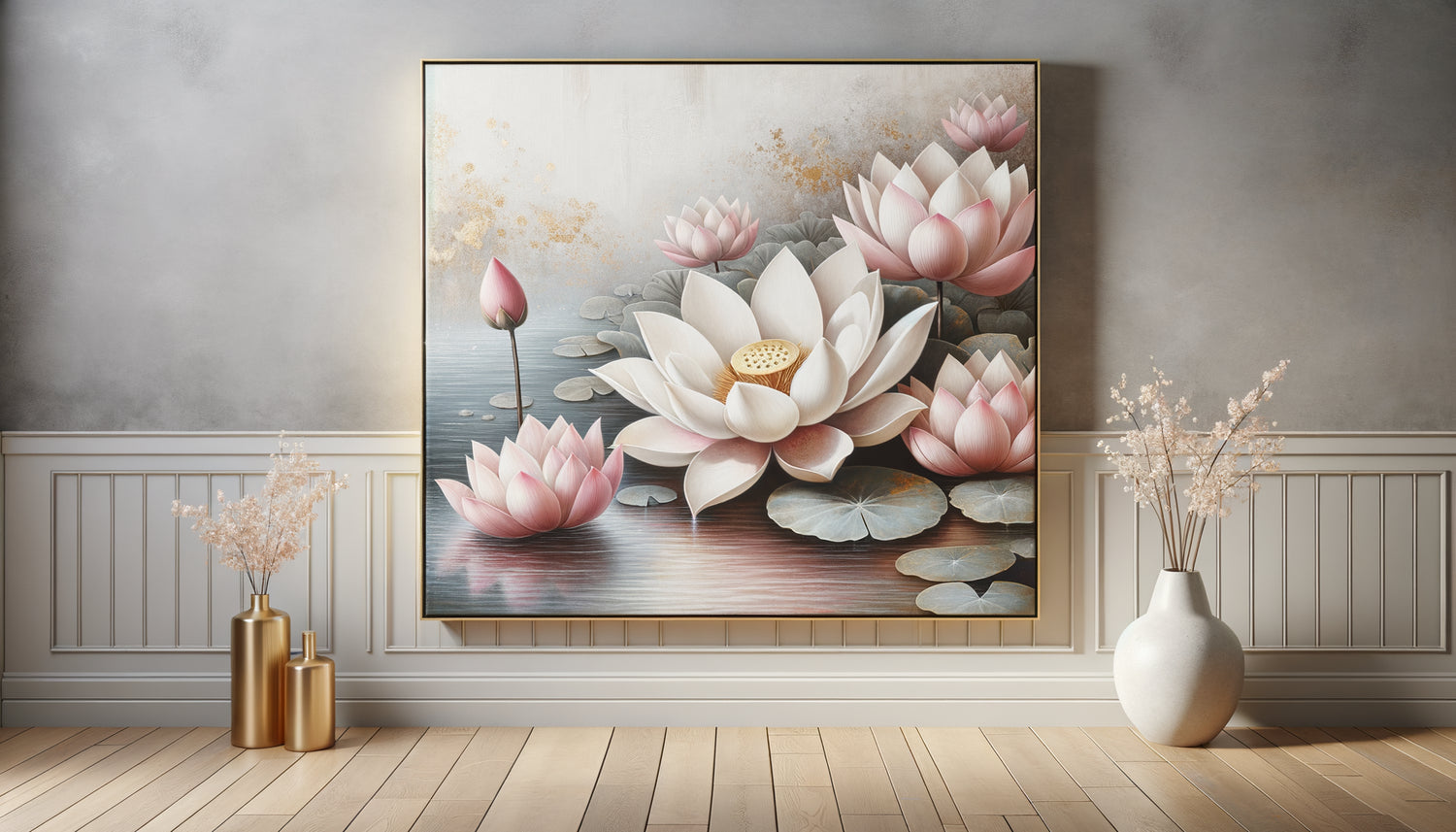 Tableau contemporain de fleurs de lotus dans un spa moderne avec esthétique zen raffinée et minimaliste