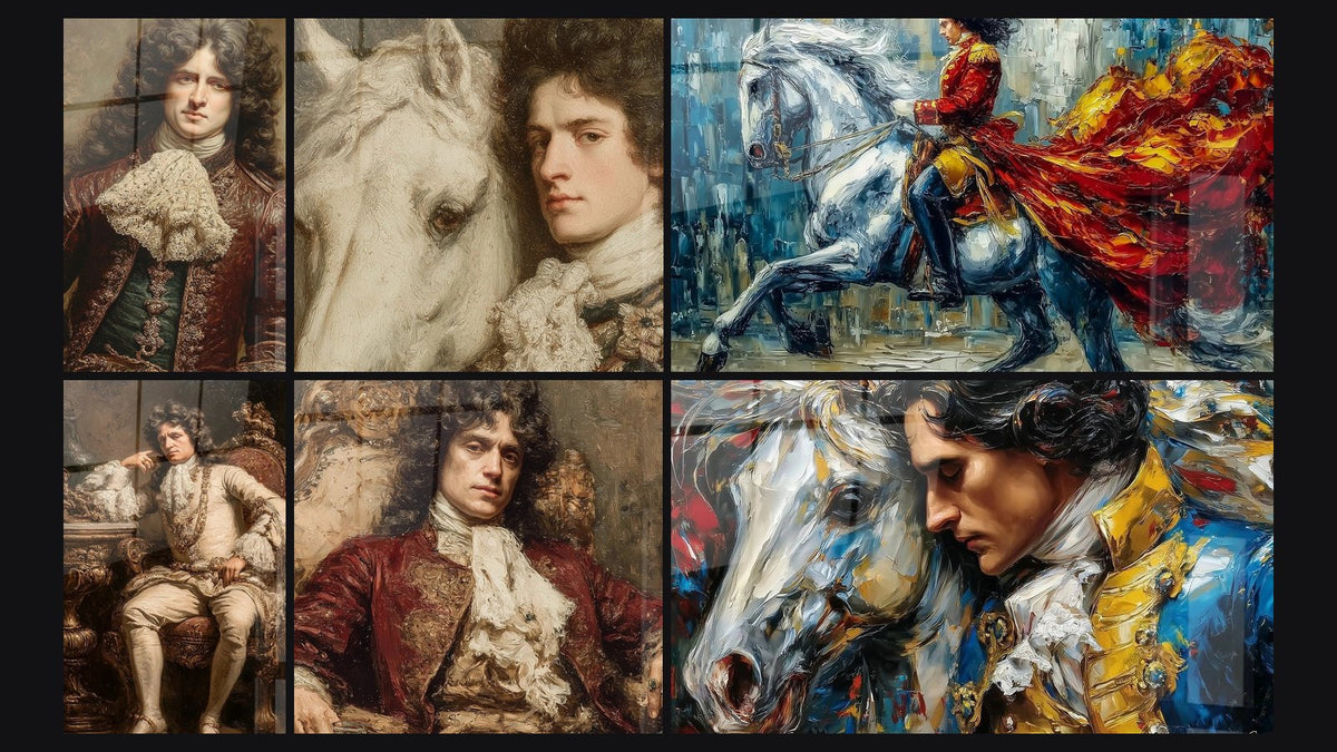 Mosaïque de six tableaux, dont Portrait aristocrate Dentelles Précieuses et Aristocrate Splendeur Dorée