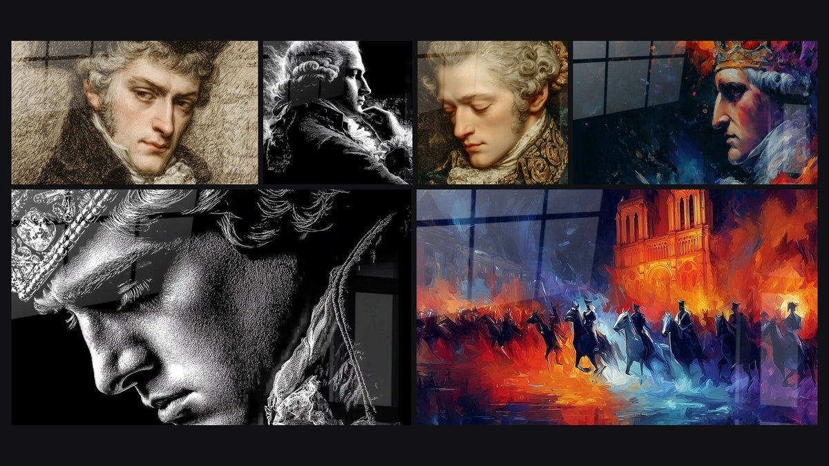 Mosaïque de six tableaux, dont Portrait Esquisse Vivante, Louis XVI Regard Souverain et Portrait Grâce Pensive Lumière