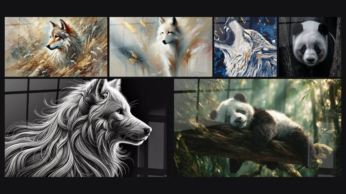 Mosaïque de six tableaux, dont Echo de la Forêt, Blanche Sagesse et Loup Souffle de minuit