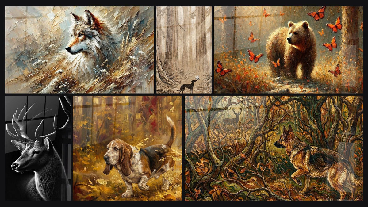 Mosaic of six paintings, including Echo of the Forest, Shadow King and Awakening in the Forest