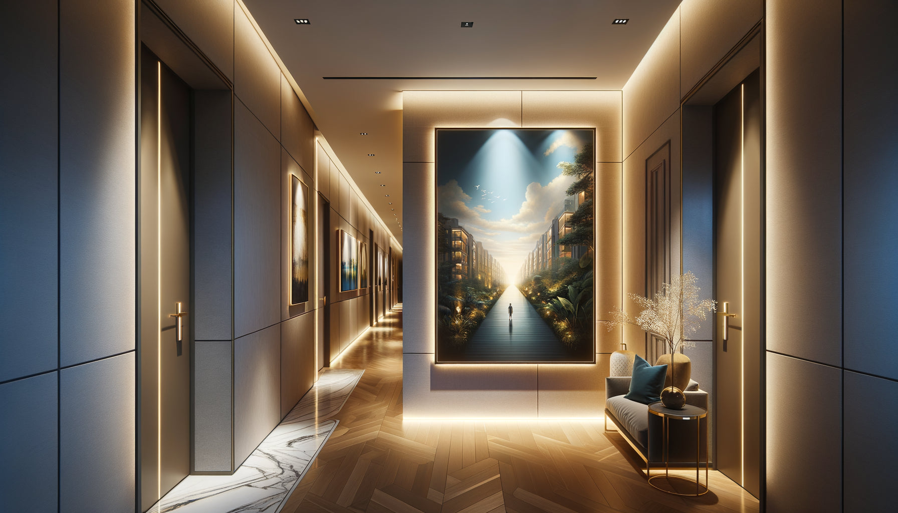 Tableau lumineux LED installé dans un couloir sombre diffusant une lumière douce et décorative