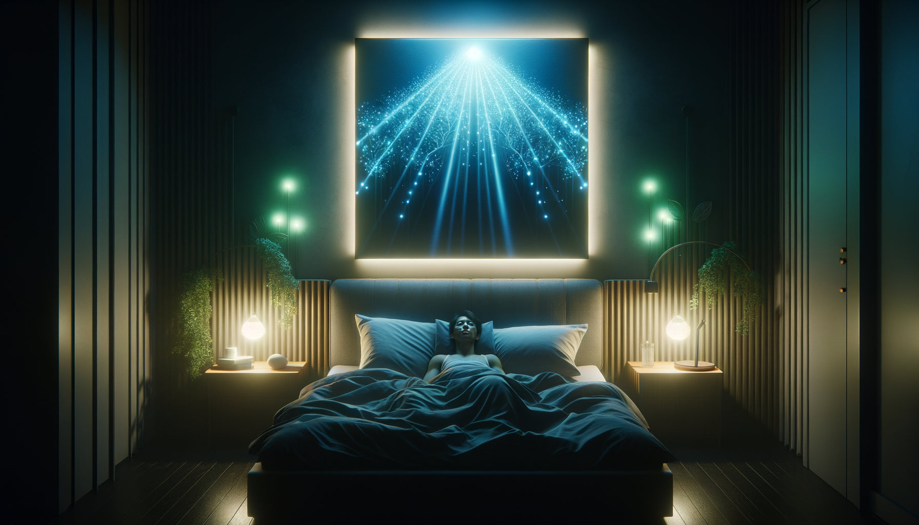 Chambre contemporaine de nuit avec tableau lumineux LED bleu au-dessus du lit perturbant potentiellement le sommeil