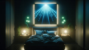Chambre contemporaine de nuit avec tableau lumineux LED bleu au-dessus du lit perturbant potentiellement le sommeil