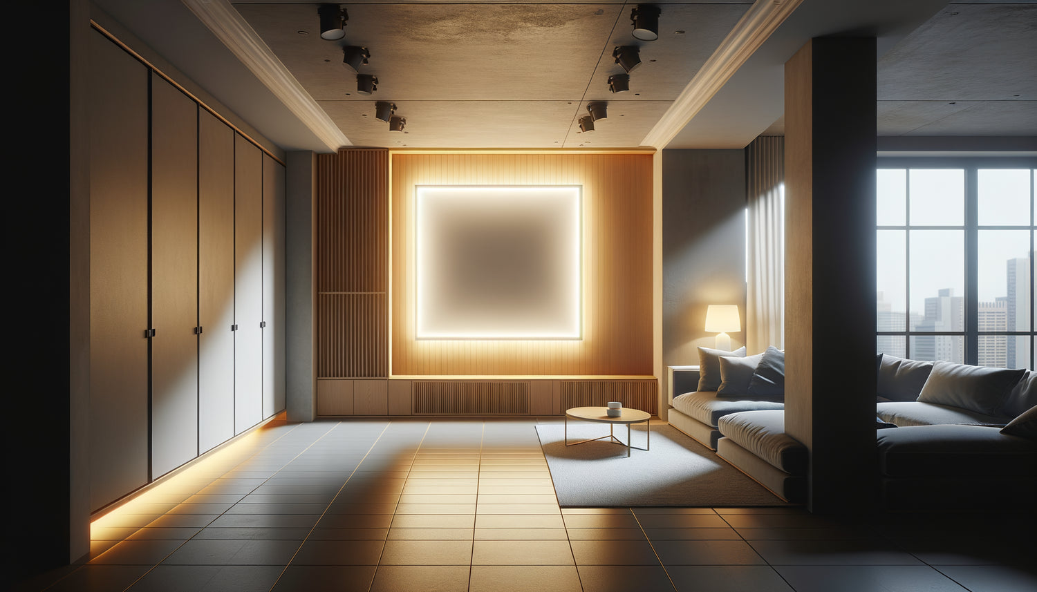 Pièce sombre moderne transformée par un tableau lumineux LED diffusant une lumière douce et chaleureuse