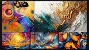 Mosaico de cinco cuadros, entre ellos Mujer cósmica espiral, Puesta de sol espiral y Trazos en Oro y Jade