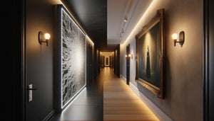 Comparaison visuelle entre tableau lumineux LED rétroéclairé et œuvre traditionnelle avec éclairage dans couloir sombre contemporain