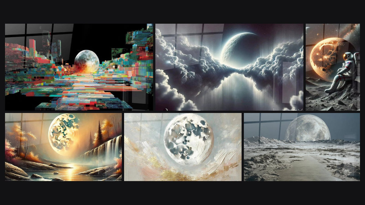 Mosaïque de six tableaux, dont Lune Pixelisée Futuriste, Sérénité Céleste et La Lune et l’Or