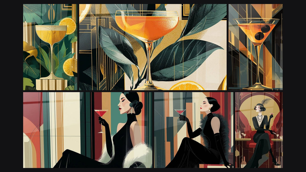 Mosaïque de six tableaux, dont Cocktail Art Déco, Cocktail Tropical et Femme Art Déco Cocktail