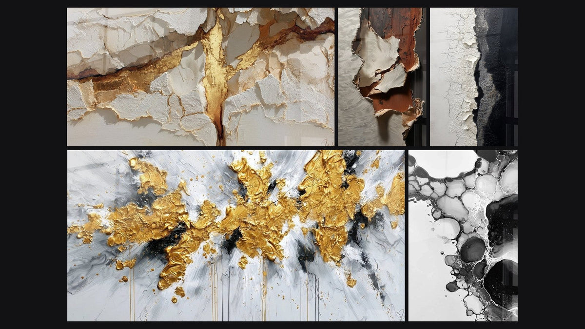 Mosaico di cinque quadri, tra cui Esplosione dorata su fondo bianco e grigio, Texture Crepa Bianco e Nero e Bolle astratte