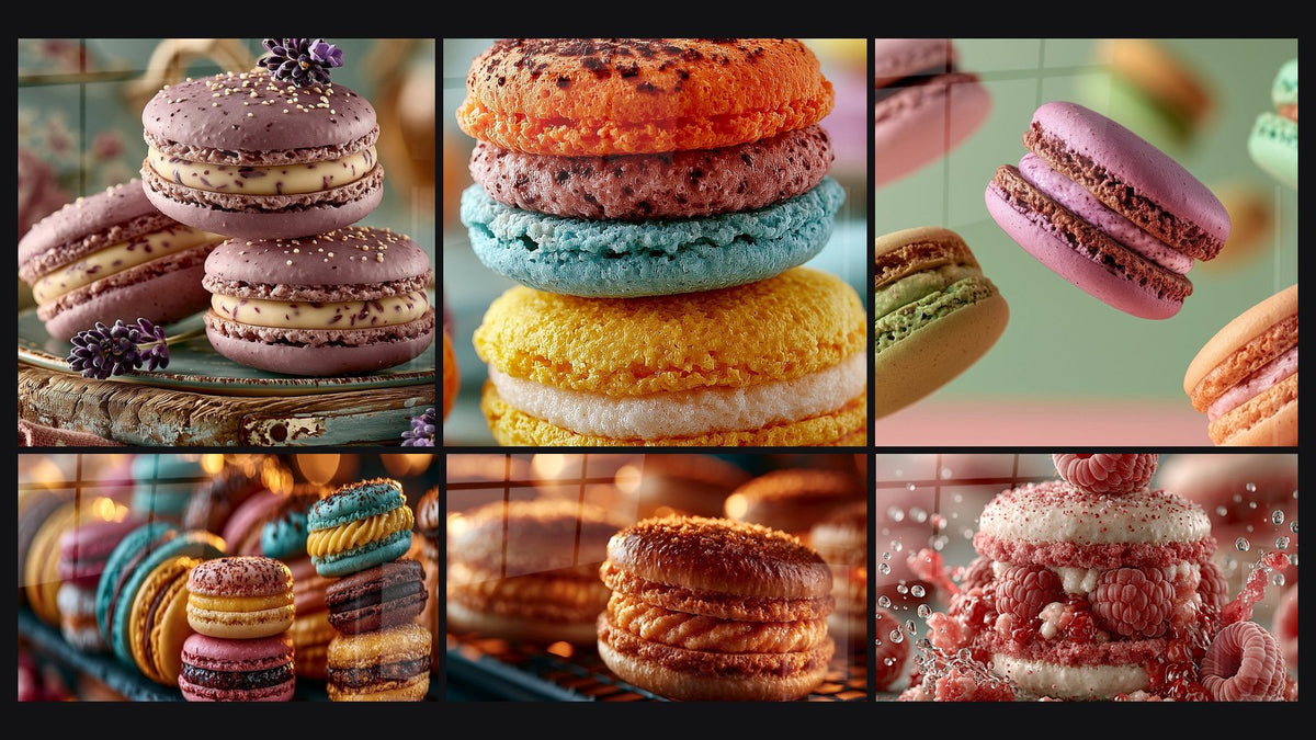 Mosaïque de six tableaux, dont Macarons mauves à la lavande fleurie et Macarons empilés orange et bleu ciel